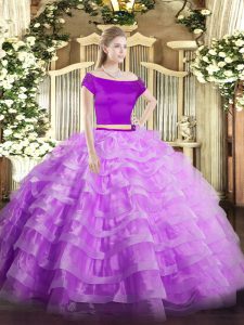 Free and Easy Lilac Tulle Zipper Off The Shoulder Short Sleeves Floor Length Sweet 16 Dress Appliques and Ruffled Layers