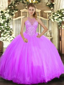 Attractive Halter Top Sleeveless Tulle Ball Gown Prom Dress Beading Lace Up