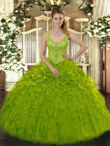 Olive Green V-neck Zipper Beading and Ruffles Quinceanera Dress Sleeveless