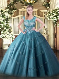 Superior Teal Tulle Lace Up Scoop Sleeveless Floor Length Sweet 16 Quinceanera Dress Beading and Appliques