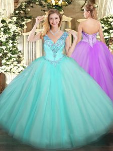 Romantic Aqua Blue Ball Gowns Tulle V-neck Sleeveless Beading Floor Length Lace Up Vestidos de Quinceanera
