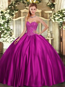 Sweetheart Sleeveless Quinceanera Gowns Floor Length Beading Fuchsia Satin