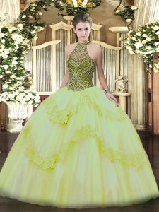 Noble Light Yellow Sleeveless Floor Length Beading and Appliques Lace Up Quince Ball Gowns