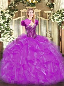 Sophisticated Fuchsia Ball Gowns Organza Sweetheart Sleeveless Beading and Ruffles Floor Length Lace Up Sweet 16 Quinceanera Dress