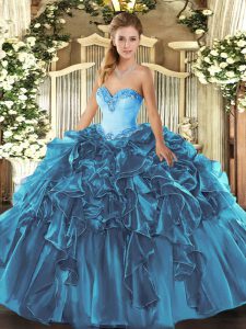 Wonderful Teal Sweetheart Neckline Beading and Ruffles Quince Ball Gowns Sleeveless Lace Up