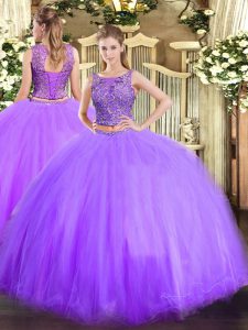 Stylish Sleeveless Tulle Floor Length Lace Up Quince Ball Gowns in Lavender with Beading