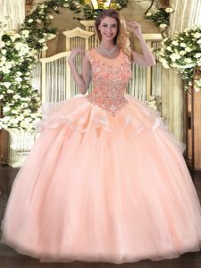 Sexy Peach Sleeveless Beading Floor Length Quinceanera Gown
