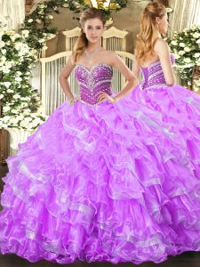 Customized Sleeveless Floor Length Beading and Ruffled Layers Lace Up 15 Quinceanera Dress with Lilac
