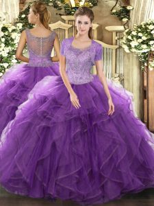 Lavender Sleeveless Floor Length Beading and Ruffled Layers Clasp Handle Quinceanera Gowns