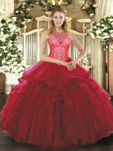 Dynamic Floor Length Wine Red Quinceanera Gowns High-neck Sleeveless Lace Up