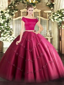 Floor Length Two Pieces Short Sleeves Hot Pink Quince Ball Gowns Zipper
