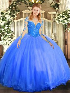 Luxury Blue Lace Up Scoop Lace Sweet 16 Dress Tulle Long Sleeves
