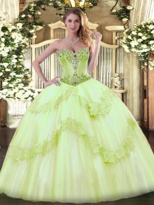 Yellow Green Ball Gowns Beading Ball Gown Prom Dress Lace Up Tulle Sleeveless
