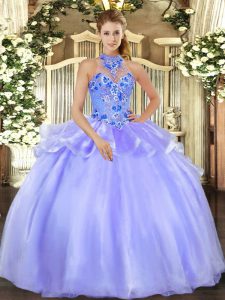 Halter Top Sleeveless Ball Gown Prom Dress Floor Length Embroidery Lavender Organza