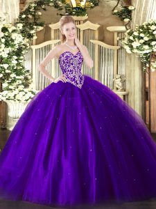 Floor Length Lace Up Quinceanera Dress Purple for Military Ball and Sweet 16 and Quinceanera with Beading