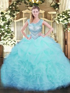 Fine Aqua Blue 15 Quinceanera Dress Sweet 16 and Quinceanera with Beading and Ruffles and Pick Ups Scoop Sleeveless Lace Up