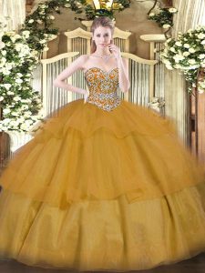 Designer Sleeveless Floor Length Beading and Ruffled Layers Lace Up Quinceanera Dress with Brown