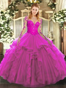 Spectacular Fuchsia Scoop Neckline Lace and Ruffles Quince Ball Gowns Long Sleeves Lace Up