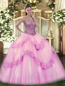 Glamorous Pink Sweetheart Lace Up Beading and Appliques and Ruffles 15 Quinceanera Dress Sleeveless