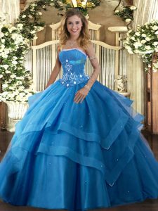 Strapless Sleeveless Quinceanera Dress Floor Length Beading and Ruffled Layers Baby Blue Tulle