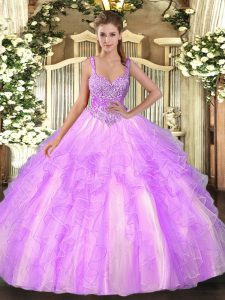 Amazing Lilac Sleeveless Floor Length Beading and Ruffles Lace Up Sweet 16 Dresses