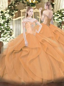 High End Orange Sleeveless Beading and Ruffles Floor Length 15th Birthday Dress