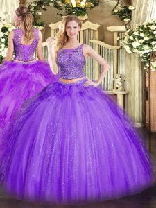 Modern Lavender Sleeveless Tulle Lace Up Quinceanera Gown for Military Ball and Sweet 16 and Quinceanera