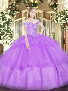Lavender Ball Gowns Organza Off The Shoulder Sleeveless Beading and Ruffled Layers Floor Length Lace Up Quince Ball Gowns