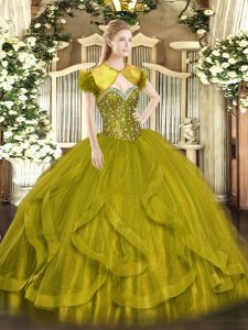 Eye-catching Olive Green Sleeveless Tulle Lace Up Vestidos de Quinceanera for Military Ball and Sweet 16 and Quinceanera