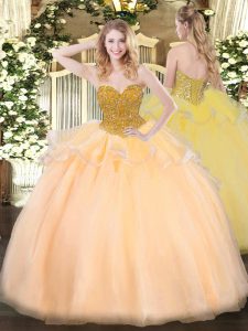 Orange Red Ball Gowns Beading Sweet 16 Dresses Lace Up Organza Sleeveless Floor Length