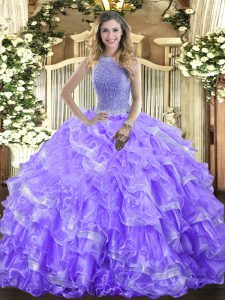 Hot Sale Lavender Sleeveless Beading and Ruffled Layers Floor Length Quinceanera Gown
