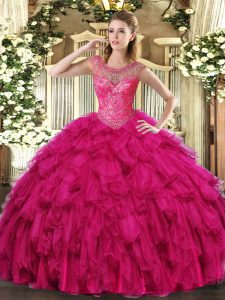 Sexy Sleeveless Organza Floor Length Lace Up Vestidos de Quinceanera in Fuchsia with Beading and Ruffles