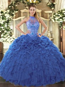 Halter Top Sleeveless Organza 15 Quinceanera Dress Beading and Embroidery and Ruffles Lace Up