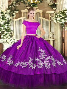 Purple Short Sleeves Floor Length Embroidery Zipper Sweet 16 Quinceanera Dress