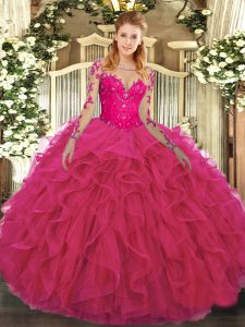 Discount Scoop Long Sleeves Lace Up Sweet 16 Dress Hot Pink Tulle
