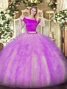 Glittering Floor Length Lilac Sweet 16 Dress Tulle Short Sleeves Appliques and Ruffles