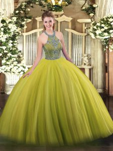 Classical Floor Length Olive Green Quinceanera Gown Tulle Sleeveless Beading