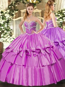 Beauteous Floor Length Lilac 15 Quinceanera Dress Organza and Taffeta Sleeveless Beading and Ruffled Layers
