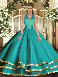 Turquoise Halter Top Neckline Ruffled Layers Ball Gown Prom Dress Sleeveless Lace Up