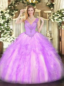 Lilac Lace Up V-neck Beading and Ruffles Vestidos de Quinceanera Organza Sleeveless