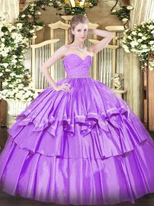 Custom Made Sleeveless Floor Length Beading and Lace and Ruffled Layers Zipper Quinceanera Dress with Lilac