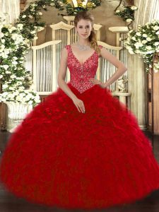 Spectacular Ball Gowns Quince Ball Gowns Wine Red V-neck Organza Sleeveless Floor Length Zipper