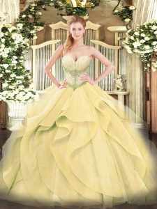 Low Price Floor Length Lace Up Sweet 16 Dresses Gold for Military Ball and Sweet 16 and Quinceanera with Beading and Ruffles