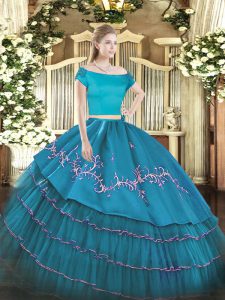Teal Short Sleeves Floor Length Embroidery and Ruffled Layers Zipper 15 Quinceanera Dress