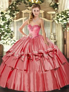 Luxurious Coral Red Lace Up Vestidos de Quinceanera Beading and Ruffled Layers Sleeveless Floor Length