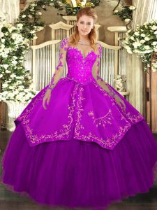 Free and Easy Purple Long Sleeves Lace and Embroidery Floor Length Vestidos de Quinceanera