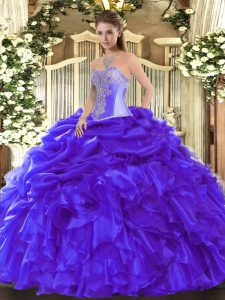 Sweet Sweetheart Sleeveless Sweet 16 Dresses Floor Length Beading and Ruffles Blue Organza