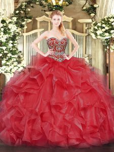 Beautiful Organza Sweetheart Sleeveless Lace Up Beading 15 Quinceanera Dress in Coral Red