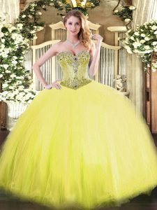 Sophisticated Tulle Sweetheart Sleeveless Lace Up Beading Quinceanera Dress in Yellow
