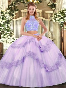 Lavender Sleeveless Tulle Lace Up Sweet 16 Dress for Military Ball and Sweet 16 and Quinceanera